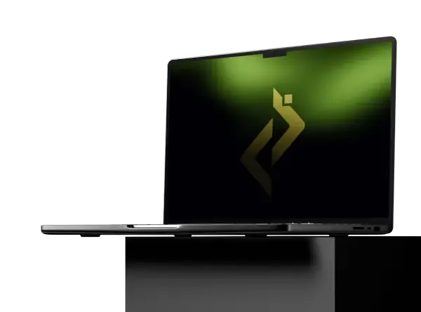 A laptop featuring a prominent green logo on its cover, positioned on a flat surface.