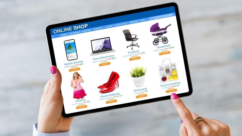 image shows a tablet displaying an online shopping page with various product categories.