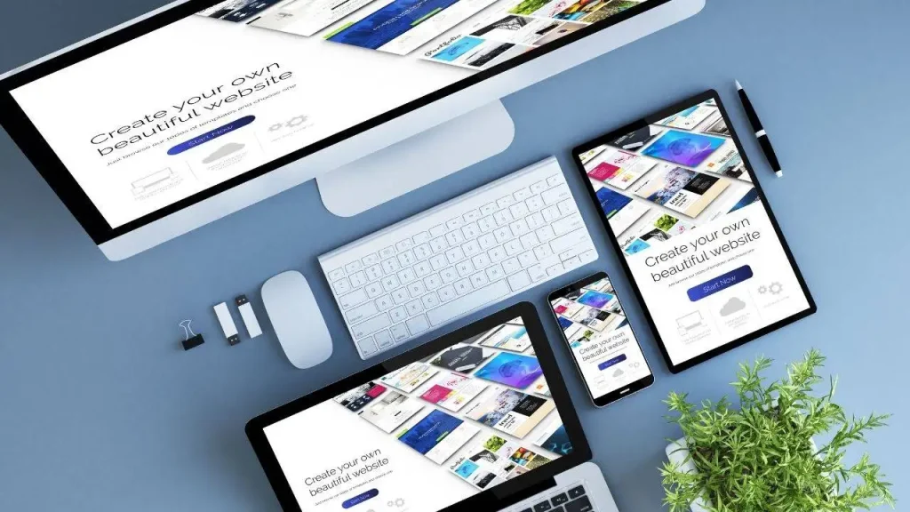 A desktop computer, laptop, tablet, and phone arranged neatly on a wooden desk.