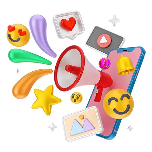 3D illustration of a mobile phone with various colorful emojis