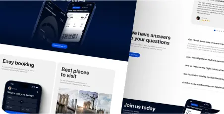 website design featuring a mobile app interface for easy booking and travel information.