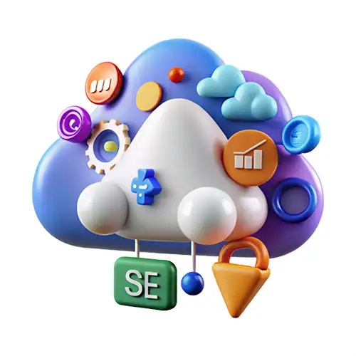 A cloud filled with various icons and symbols representing technology, communication, and creativity.