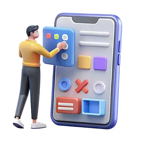 3D illustration of a person interacting with a large mobile phone